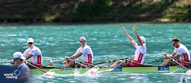 Dominik Czaja (b), Mateusz Biskup, Miroslaw Zietarski, Fabian Baranski (s), Men's Quadruple Sculls, Poland, 2023 European Rowing Championships, Bled, Slovenia / Detlev Seyb/MyRowingPhoto.com
