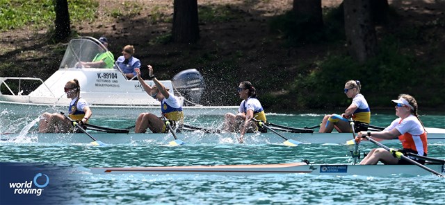 Daryna Verkhogliad (b), Nataliya Dovgodko, Anastasiia Kozhenkova, Kateryna Dudchenko (s), Women's Quadruple Sculls, Ukraine, 2023 European Rowing Championships, Bled, Slovenia / Detlev Seyb/MyRowingPhoto.com