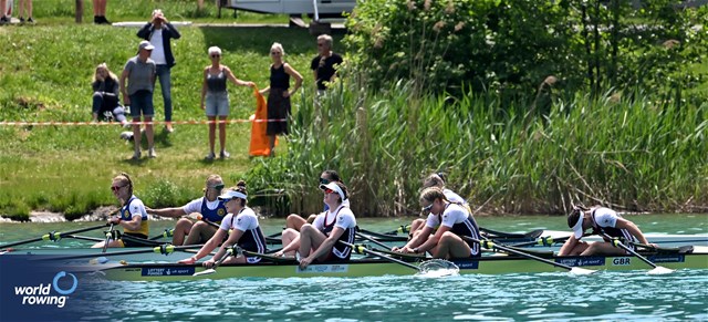Lauren Henry (b), Hannah Scott, Georgina Megan Brayshaw, Lucy Glover (s), Women's Quadruple Sculls, Great Britain, 2023 European Rowing Championships, Bled, Slovenia / Detlev Seyb/MyRowingPhoto.com