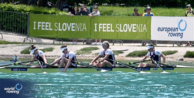 Lauren Henry (b), Hannah Scott, Georgina Megan Brayshaw, Lucy Glover (s), Women's Quadruple Sculls, Great Britain, 2023 European Rowing Championships, Bled, Slovenia / Detlev Seyb/MyRowingPhoto.com