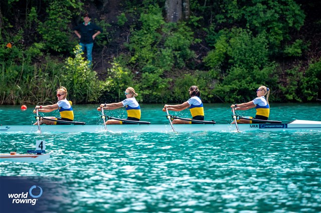 Daryna Verkhogliad (b), Nataliya Dovgodko, Anastasiia Kozhenkova, Kateryna Dudchenko (s), Women's Quadruple Sculls, Ukraine, 2023 European Rowing Championships, Bled, Slovenia / World Rowing/Benedict Tufnell