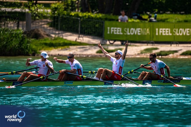Dominik Czaja (b), Mateusz Biskup, Miroslaw Zietarski, Fabian Baranski (s), Men's Quadruple Sculls, Poland, 2023 European Rowing Championships, Bled, Slovenia / World Rowing/Benedict Tufnell