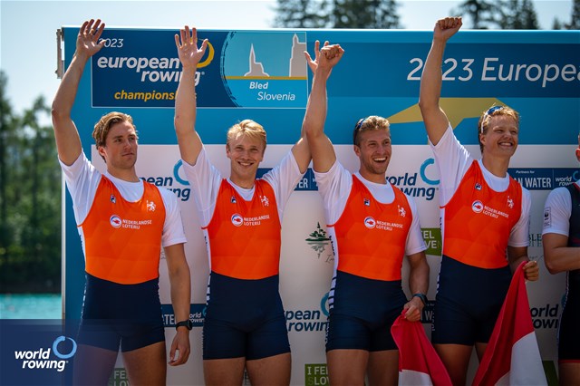 Guus Mollee (b), Nelson Ritsema, Olav Molenaar, Gert-Jan Van Doorn (s), Men's Four, Netherlands, Silver, 2023 European Rowing Championships, Bled, Slovenia / World Rowing/Benedict Tufnell