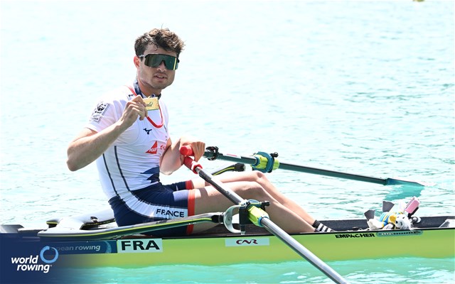 Hugo Beurey, Lightweight Men's Single Sculls, France, Gold, 2023 European Rowing Championships, Bled, Slovenia / Detlev Seyb/MyRowingPhoto.com