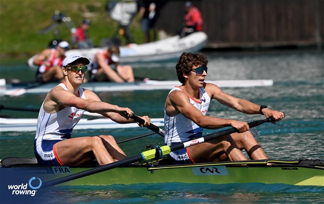 Florian Ludwig (b), Armand Pfister (s), Men's Pair, France, 2023 European Rowing Championships, Bled, Slovenia / Maren Derlien/MyRowingPhoto.com