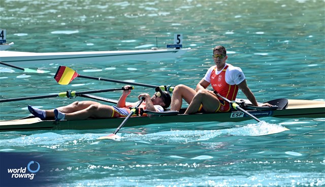 Aleix Garcia Pujolar (b), Rodrigo Conde Romero (s), Men's Double Sculls, Spain, 2023 European Rowing Championships, Bled, Slovenia / Detlev Seyb/MyRowingPhoto.com