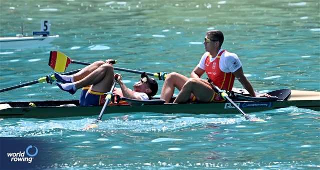 Aleix Garcia Pujolar (b), Rodrigo Conde Romero (s), Men's Double Sculls, Spain, 2023 European Rowing Championships, Bled, Slovenia / Detlev Seyb/MyRowingPhoto.com