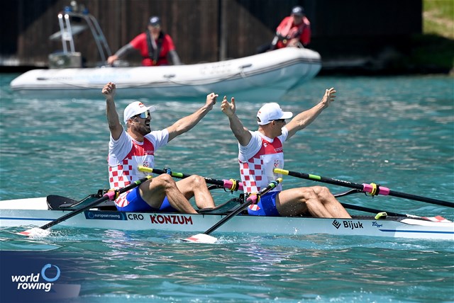Martin Sinkovic (b), Valent Sinkovic (s), Men's Double Sculls, Croatia, 2023 European Rowing Championships, Bled, Slovenia / Maren Derlien/MyRowingPhoto.com