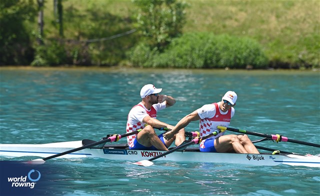 Martin Sinkovic (b), Valent Sinkovic (s), Men's Double Sculls, Croatia, 2023 European Rowing Championships, Bled, Slovenia / Maren Derlien/MyRowingPhoto.com
