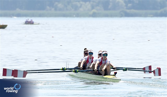 Morgan Rosts (b), Kirsten Edwards, Jessica Sevick, Sydney Payne (s), Women's Four, Canada, 2023 World Rowing Cup II, Varese, Italy / Maren Derlien/MyRowingPhoto.com