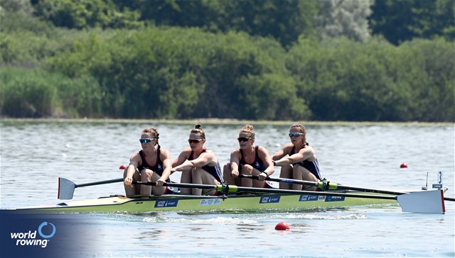 Lauren Irwin (b), Karen Bennett, Harriet Taylor, Emily Ford (s), Women's Four, Great Britain, 2023 World Rowing Cup II, Varese, Italy / Maren Derlien/MyRowingPhoto.com