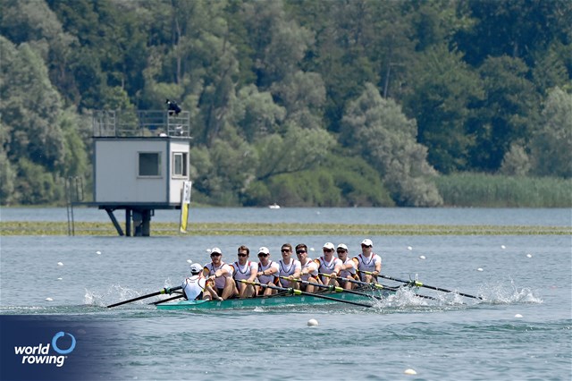 Olaf Roggensack (b), Jasper Angl, Max John, Torben Johannesen, Benedict Eggeling, Marc Kammann, Wolf-Niclas Schroeder, Mattes Schoenherr (s), Jonas Wiesen (c), Men's Eight, Germany, 2023 World Rowing Cup II, Varese, Italy / Maren Derlien/MyRowingPhoto.com