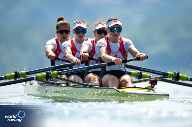 Morgan Rosts (b), Kirsten Edwards, Jessica Sevick, Sydney Payne (s), Women's Four, Canada, 2023 World Rowing Cup II, Varese, Italy / World Rowing/Benedict Tufnell