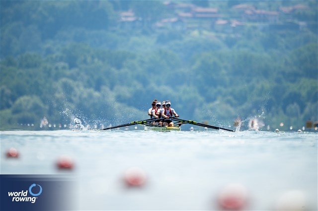 Morgan Rosts (b), Kirsten Edwards, Jessica Sevick, Sydney Payne (s), Women's Four, Canada, 2023 World Rowing Cup II, Varese, Italy / World Rowing/Benedict Tufnell
