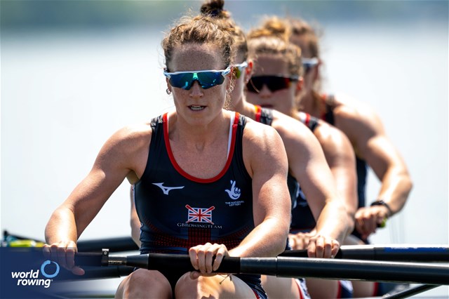 Lauren Irwin (b), Karen Bennett, Harriet Taylor, Emily Ford (s), Women's Four, Great Britain, 2023 World Rowing Cup II, Varese, Italy / World Rowing/Benedict Tufnell