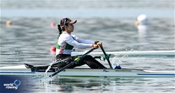 Chaimaa Hellal Berrouane, Lightweight Women's Single Sculls, Algeria, 2023 World Rowing Cup II, Varese, Italy / Detlev Seyb/MyRowingPhoto.com