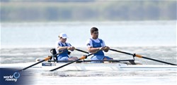 Mukhayyo Abdusattarova (b), Otabek Kuchkorov (s), PR2 Mixed Double Sculls, Uzbekistan, 2023 World Rowing Cup II, Varese, Italy / Detlev Seyb/MyRowingPhoto.com