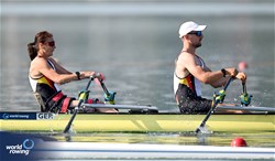 Sylvia Pille-Steppat (b), Paul Umbach (s), PR2 Mixed Double Sculls, Germany, 2023 World Rowing Cup II, Varese, Italy / Detlev Seyb/MyRowingPhoto.com