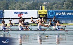 Erika Sauzeau (b), Gregoire Bireau, Remy Taranto, Margot Boulet (s), Emilie Acquistapace (c), PR3 Mixed Coxed Four , France, 2023 World Rowing Cup II, Varese, Italy / Detlev Seyb/MyRowingPhoto.com