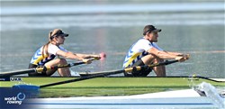Stanislav Samoliuk (b), Dariia Kotyk (s), PR3 Mixed Double Sculls, Ukraine, 2023 World Rowing Cup II, Varese, Italy / Detlev Seyb/MyRowingPhoto.com