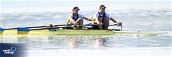 Stanislav Samoliuk (b), Dariia Kotyk (s), PR3 Mixed Double Sculls, Ukraine, 2023 World Rowing Cup II, Varese, Italy / Detlev Seyb/MyRowingPhoto.com