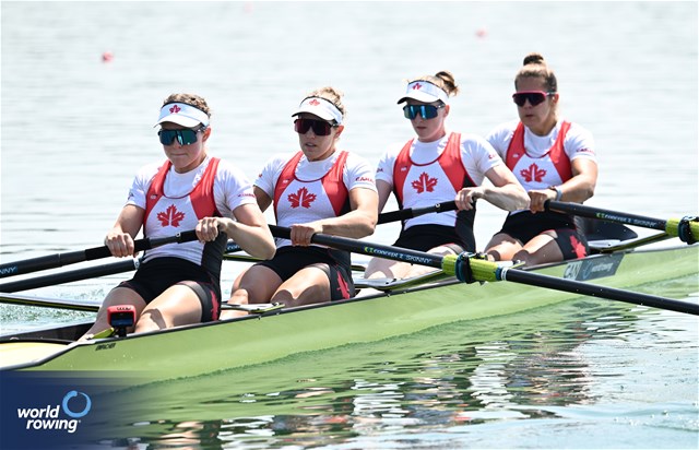 Morgan Rosts (b), Kirsten Edwards, Jessica Sevick, Sydney Payne (s), Women's Four, Canada, 2023 World Rowing Cup II, Varese, Italy / Detlev Seyb/MyRowingPhoto.com