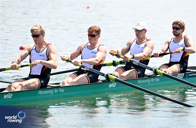 Theis Hagemeister (b), Malte Grossmann, Mark Hinrichs, Soenke Kruse (s), Men's Four, Germany, 2023 World Rowing Cup II, Varese, Italy / Detlev Seyb/MyRowingPhoto.com