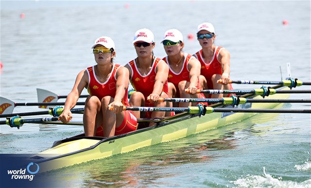 Yunxia Chen (b), Ling Zhang, Yang Lyu, Xiaotong Cui (s), Women's Quadruple Sculls, People's Republic of China, 2023 World Rowing Cup II, Varese, Italy / Detlev Seyb/MyRowingPhoto.com