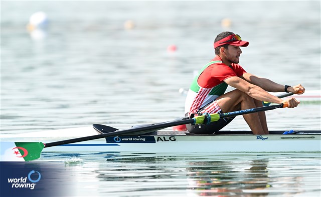 Chems Eddine Boudjema, Lightweight Men's Single Sculls, Algeria, 2023 World Rowing Cup II, Varese, Italy / Detlev Seyb/MyRowingPhoto.com