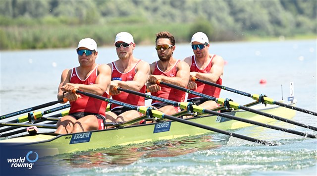 Scott Baerlocher (b), Jan Jonah Plock, Nils Schneider, Maurin Lange (s), Men's Quadruple Sculls, Switzerland, 2023 World Rowing Cup II, Varese, Italy / Detlev Seyb/MyRowingPhoto.com