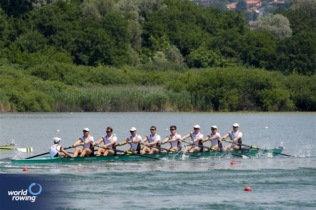 Olaf Roggensack (b), Jasper Angl, Max John, Torben Johannesen, Benedict Eggeling, Marc Kammann, Wolf-Niclas Schroeder, Mattes Schoenherr (s), Jonas Wiesen (c), Men's Eight, Germany, 2023 World Rowing Cup II, Varese, Italy / Detlev Seyb/MyRowingPhoto.com