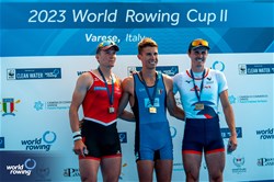 Niels Torre, Lightweight Men's Single Sculls, Italy, Gold, Andri Struzina, Switzerland, Silver, Baptiste Savaete, France, Bronze, 2023 World Rowing Cup II, Varese, Italy / World Rowing/Benedict Tufnell