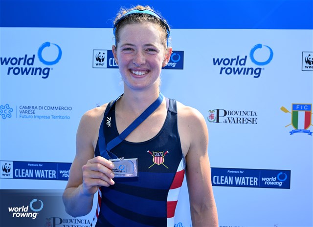Sophia Luwis, Lightweight Women's Single Sculls, United States of America, Silver, 2023 World Rowing Cup II, Varese, Italy / Detlev Seyb/MyRowingPhoto.com
