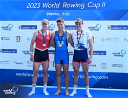 Niels Torre, Lightweight Men's Single Sculls, Italy, Gold, Andri Struzina, Switzerland, Silver, Baptiste Savaete, France, Bronze, 2023 World Rowing Cup II, Varese, Italy / Detlev Seyb/MyRowingPhoto.com