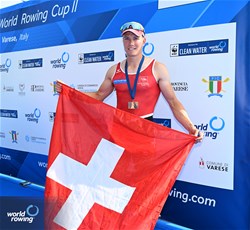 Andri Struzina, Lightweight Men's Single Sculls, Switzerland, Silver, 2023 World Rowing Cup II, Varese, Italy / Detlev Seyb/MyRowingPhoto.com