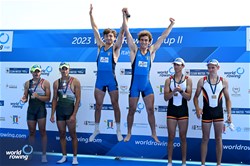Francesco Bardelli (b), Stefano Pinsone (s), Lightweight Men's Pair, Italy, Gold, Bence Szabo (b), Kalman Furko (s), Hungary, Silver, Zeno Robertson (b), Max Von Buelow (s), Germany, Bronze, 2023 World Rowing Cup II, Varese, Italy / Detlev Seyb/MyRowingPhoto.com