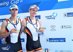 Zeno Robertson (b), Max Von Buelow (s), Lightweight Men's Pair, Germany, Bronze, 2023 World Rowing Cup II, Varese, Italy / Detlev Seyb/MyRowingPhoto.com