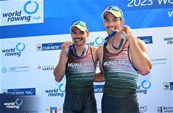 Bence Szabo (b), Kalman Furko (s), Lightweight Men's Pair, Hungary, Silver, 2023 World Rowing Cup II, Varese, Italy / Detlev Seyb/MyRowingPhoto.com