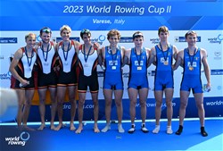 Giovanni Borgonovo (b), Luca Borgonovo, Matteo Tonelli, Nicolo' Demiliani (s), Lightweight Men's Quadruple Sculls, Italy, Gold, Fabio Kress (b), Simon Klueter, Arno Gaus, Joachim Agne (s), Germany, Silver, 2023 World Rowing Cup II, Varese, Italy / Detlev Seyb/MyRowingPhoto.com