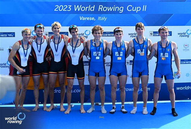 Giovanni Borgonovo (b), Luca Borgonovo, Matteo Tonelli, Nicolo' Demiliani (s), Lightweight Men's Quadruple Sculls, Italy, Gold, Fabio Kress (b), Simon Klueter, Arno Gaus, Joachim Agne (s), Germany, Silver, 2023 World Rowing Cup II, Varese, Italy / Detlev Seyb/MyRowingPhoto.com