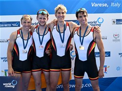 Fabio Kress (b), Simon Klueter, Arno Gaus, Joachim Agne (s), Lightweight Men's Quadruple Sculls, Germany, Silver, 2023 World Rowing Cup II, Varese, Italy / Detlev Seyb/MyRowingPhoto.com