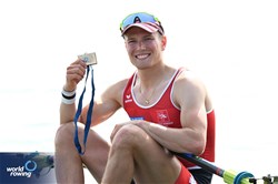 Andri Struzina, Lightweight Men's Single Sculls, Switzerland, Silver, 2023 World Rowing Cup II, Varese, Italy / Detlev Seyb/MyRowingPhoto.com