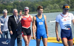 Niels Torre, Lightweight Men's Single Sculls, Italy, Gold, Andri Struzina, Switzerland, Silver, Baptiste Savaete, France, Bronze, 2023 World Rowing Cup II, Varese, Italy / Detlev Seyb/MyRowingPhoto.com