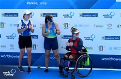Josiane Dias De Lima, PR2 Women's Single Sculls, Brazil, Gold, Anna Aisanova, Ukraine, Silver, Ka Yee Ip, Hong Kong, China, Bronze, 2023 World Rowing Cup II, Varese, Italy / Detlev Seyb/MyRowingPhoto.com