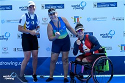 Josiane Dias De Lima, PR2 Women's Single Sculls, Brazil, Gold, Anna Aisanova, Ukraine, Silver, Ka Yee Ip, Hong Kong, China, Bronze, 2023 World Rowing Cup II, Varese, Italy / Detlev Seyb/MyRowingPhoto.com