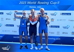 Cornelis De Koning, PR2 Men's Single Sculls, Netherlands, Gold, Gian Filippo Mirabile, Italy, Silver, Daniele Stefanoni, Italy, Bronze, 2023 World Rowing Cup II, Varese, Italy / Detlev Seyb/MyRowingPhoto.com