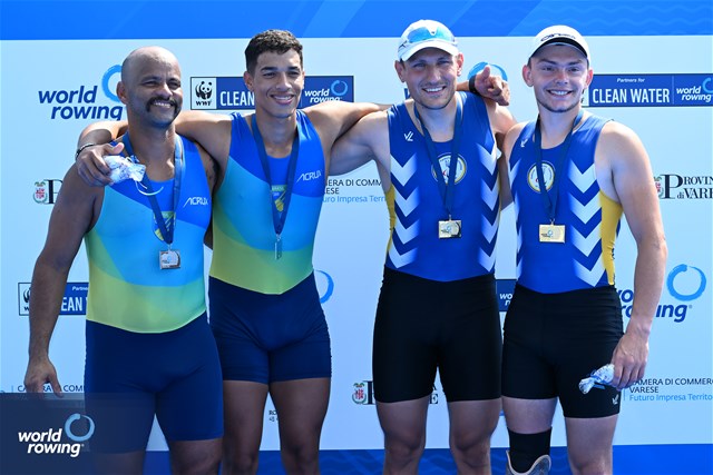 Andrii Syvykh (b), Stanislav Samoliuk (s), PR3 Men's Pair, Ukraine, Gold, Keizy Bonine (b), Gabriel Mendes De Souza (s), Brazil, Silver, 2023 World Rowing Cup II, Varese, Italy / Detlev Seyb/MyRowingPhoto.com