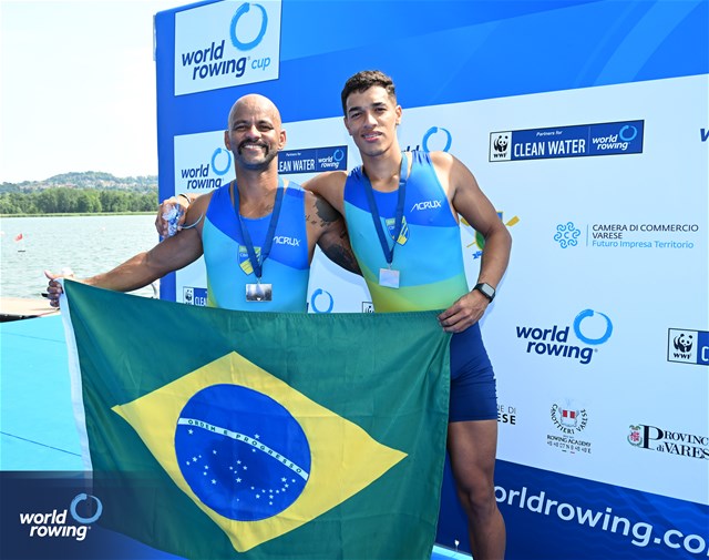 Keizy Bonine (b), Gabriel Mendes De Souza (s), PR3 Men's Pair, Brazil, Silver, 2023 World Rowing Cup II, Varese, Italy / Detlev Seyb/MyRowingPhoto.com