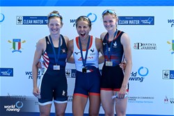 Aurelie Morizot, Lightweight Women's Single Sculls, France, Gold, Sophia Luwis, United States of America, Silver, Olivia Bates, Great Britain, Bronze, 2023 World Rowing Cup II, Varese, Italy / Detlev Seyb/MyRowingPhoto.com