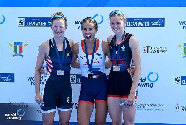 Aurelie Morizot, Lightweight Women's Single Sculls, France, Gold, Sophia Luwis, United States of America, Silver, Olivia Bates, Great Britain, Bronze, 2023 World Rowing Cup II, Varese, Italy / Detlev Seyb/MyRowingPhoto.com